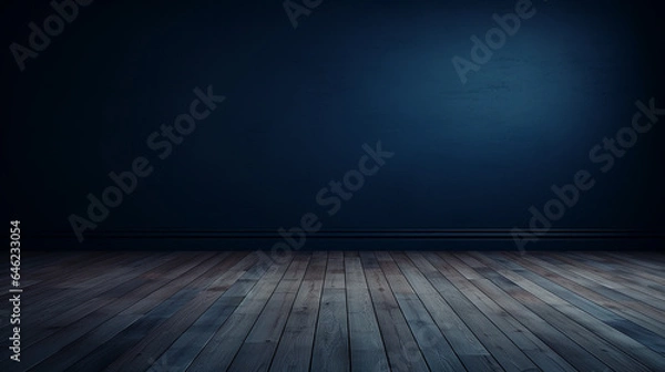 Fototapeta Dark blue wall in an empty room with a wooden floor. Generative AI