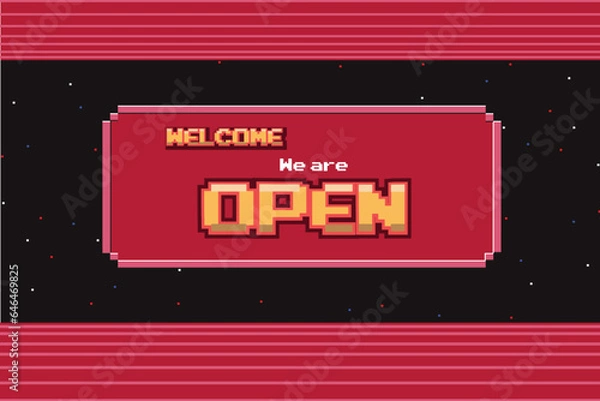 Obraz Retro pixel art 8 bit game screen background. Come in we're open.