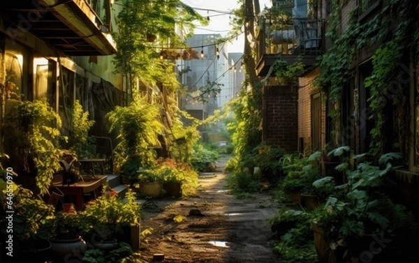 Fototapeta A rewilded neighborhood alley, transformed into a lush, shaded pathway with trees and climbing plants, creating a cool and inviting pedestrian route