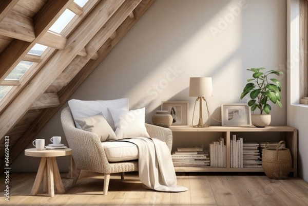 Fototapeta cozy scandinavian upstairs landing with light natural materials