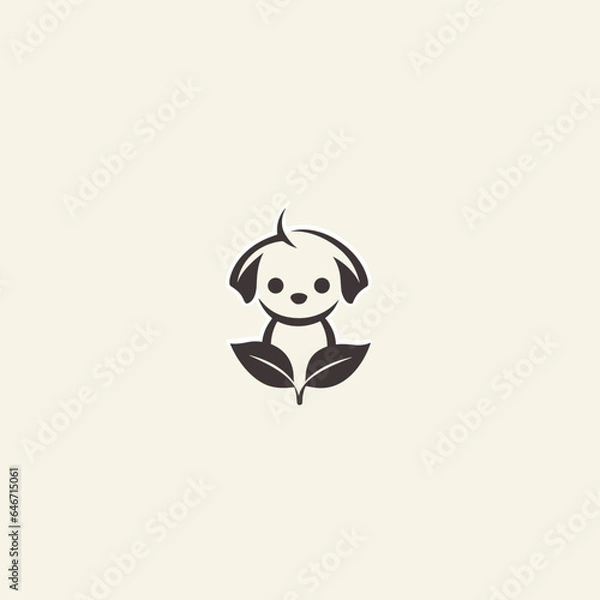 Fototapeta Veterinary hospital monochrome glyph logo. Vegan friendly. Pet health. Funny puppy and plant symbol. Design element. Created with artificial intelligence. Ai art for corporate branding, animal shelter