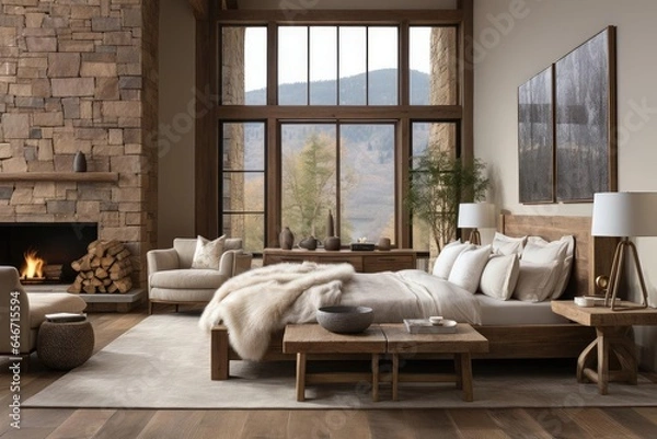 Fototapeta modern chalet master bedroom with light natural materials