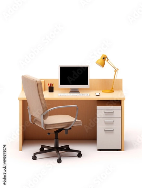 Fototapeta An office desk with a chair isolated on white background. Office equipment is arranged neatly on it. Minimalist style.