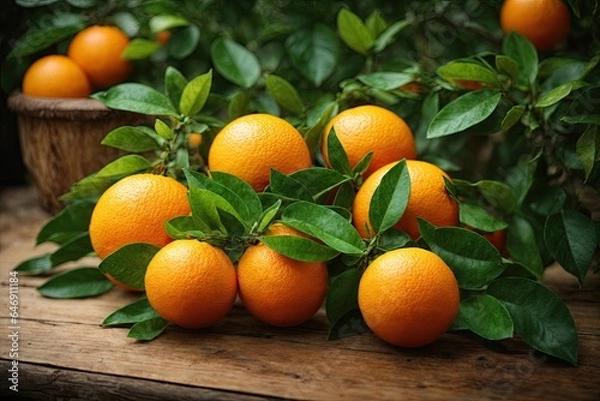 Fototapeta Green leaves and orange fruit grow on the wooden background. ai generative