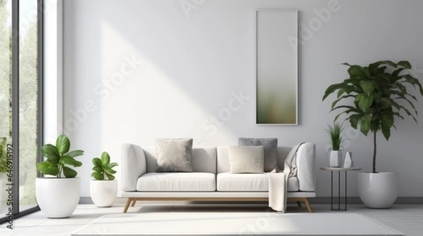 Fototapeta natural contemporary living room mockup template room ideas cosy comfort sofa with blank space wall backdrop cosy interior decorating house beautiful background