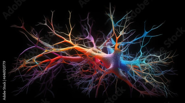 Fototapeta Microscopic photo of a human colorful neurons network in the brain. Colorful network of neurons in human brain. Generative AI.