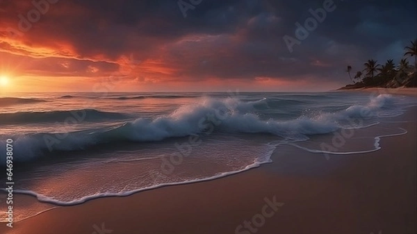 Fototapeta gentle waves crashing on the beach as the sun sets over the sea