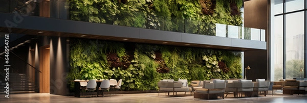 Fototapeta large - scale living wall in a corporate lobby, logo embedded with plants, bright overhead lighting