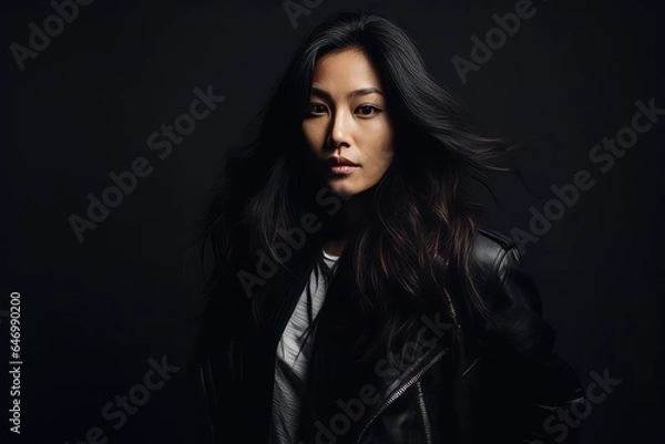 Fototapeta young pretty asian woman in leather jacket on black background, lifestyle people concept