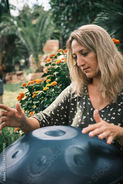 Fototapeta a woman plays on handpan or hang