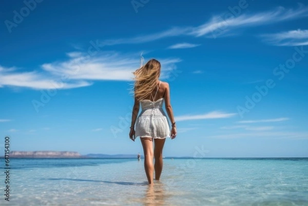 Fototapeta Beautiful girl walking along the sea beach