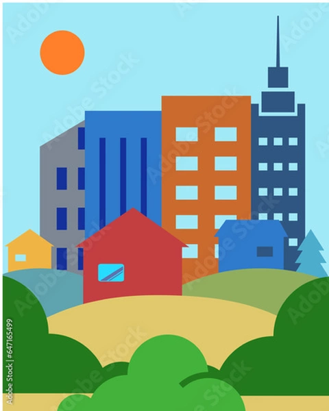 Obraz City silhouette, houses, trees color vector