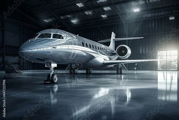 Obraz Private jet prepared for departure at maintenance hangar. Luxurious travel concept. Digital rendering. Generative AI