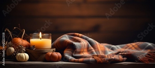 Fototapeta Close up of a cozy autumn composition with candles mini pumpkins and a warm knitted plaid on a wooden windowsill creating a dark and low key atmosphere in a cozy home Fall colors add to the