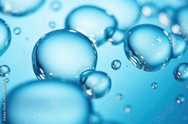 Fototapeta Oxygen bubbles in clear blue water, close-up. Mineral water. Water enriched with oxygen. . Made with AI gereration