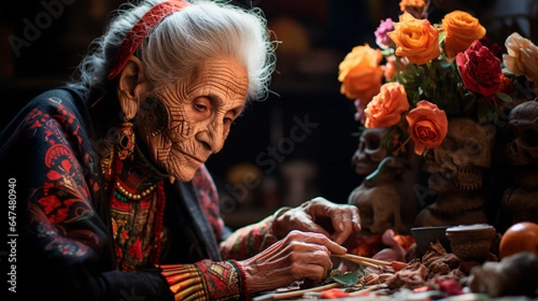 Fototapeta Old woman, with gray hair on her head, embroidered clothes, with a red headband, embroidering on a table, on one side a vase with cempasuchil flowers and some skulls, generative AI