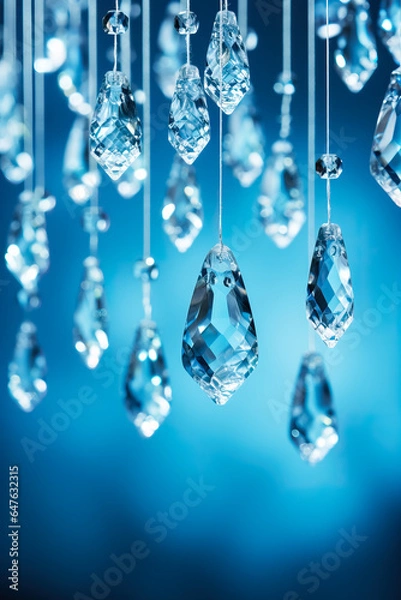 Fototapeta Sparkling glass icicle ornaments catching the ambient light hung delicely isolated on cool-toned winter-blue gradient background 