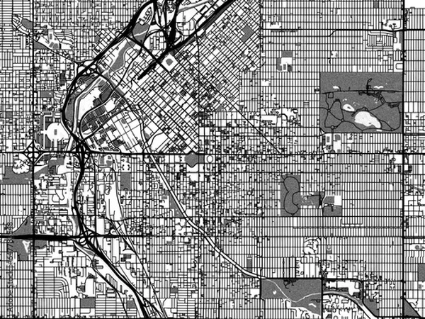 Fototapeta Greyscale vector city map of  Denver Center Colorado in the United States of America with with water, fields and parks, and roads on a white background.