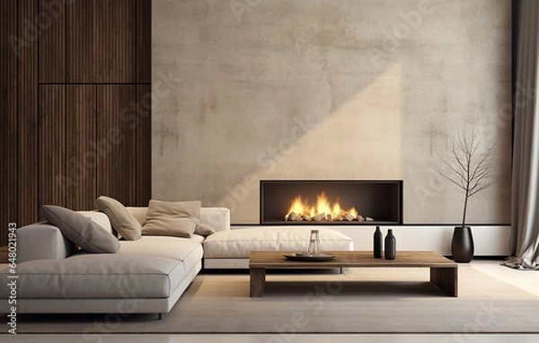 Fototapeta Mock up poster in modern home interior with fireplace, Scandinavian style, generative AI	
