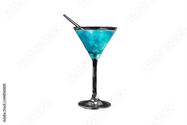 Fototapeta A martini glass with a blue alcoholic beverage and a straw on a white isolated background