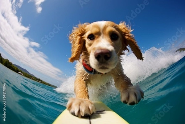 Fototapeta Amusing canine enjoys surfing. Generative AI