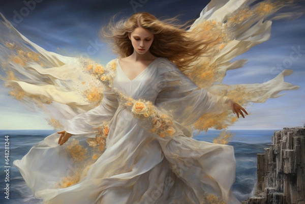 Fototapeta Culture and religion concept. Beautiful angel woman with big white wings in ocean or sea background. Model illuminated with sunset light and surrounded with flower blossoms. Generative AI