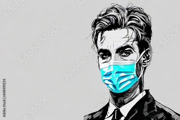 Fototapeta Businessman Head In Suit Wearing a Face Mask for Health safety During Epidemic Comic Style