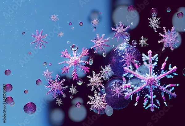 Fototapeta New snowflakes on purple background with bubbles, in the style of dark magenta and light magenta, color photography pioneer. Generative AI