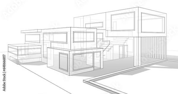 Fototapeta House building sketch 3d rendering