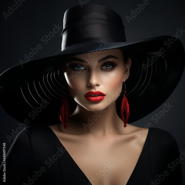 Fototapeta Beautiful woman with a black hat on black background