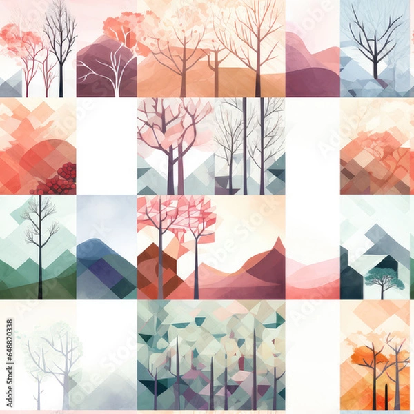 Fototapeta Forest nature collage repeat pattern, beautiful trees