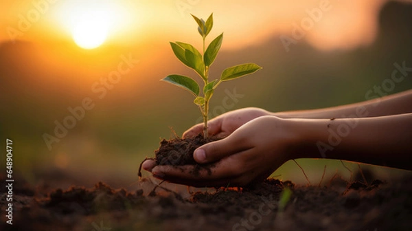 Fototapeta A pair of hands gently cradle a young tree sapling, planting it with care and love.