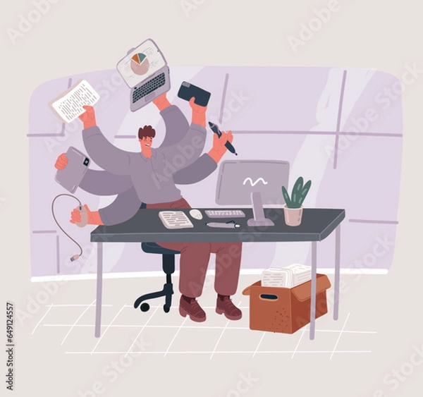 Fototapeta Vector illustration of Businessman multitasking. Make Many task in office. Works simultaneously with several objects, a mug, papers, a contract, a telephone. Multitasking,