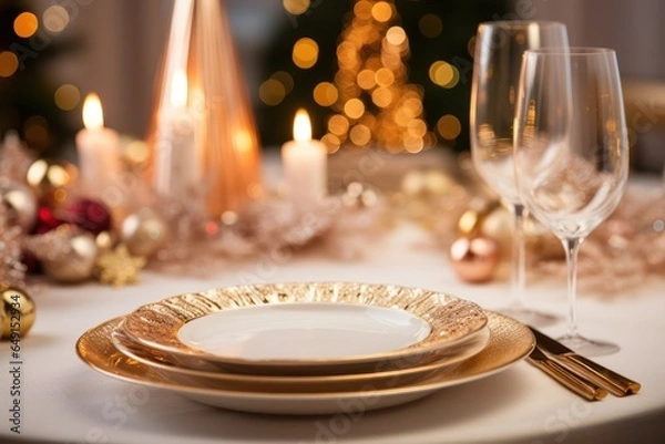 Fototapeta Christmas table decoration closeup, Xmas ball and festive holiday place setting