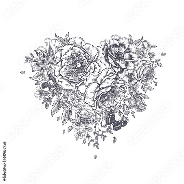 Fototapeta A bouquet of flowers in the shape of a heart. Vector illustration. Vintage