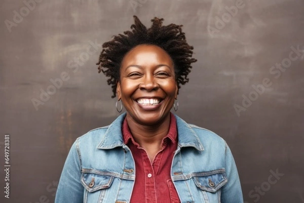 Fototapeta portrait of a happy Kenyan woman in her 40s wearing a denim jacket against a white background