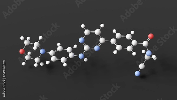 Fototapeta momelotinib molecule, molecular structure, inhibitor of janus kinases jak1 and jak2, ball and stick 3d model, structural chemical formula with colored atoms