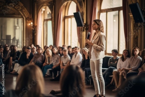 Fototapeta a female motivational speaker or a stand-up comedian presenting her speech in front of an audience in a microphone in hall with parisian interior: tall windows, luxurious decoration