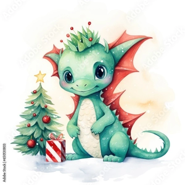 Fototapeta Fantasy watercolor christmas dragon with gift boxes. Symbol of the year 2024.