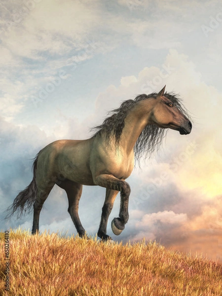 Obraz A wild grullo dun horse stands on hill in the wilderness. Grullo is a coat coloration, a grayish tan, often with striping. They are also known as grulla, blue dun, gray dun or mouse dun. 3D Rendering