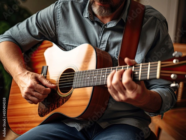 Obraz A young man is playing guitar in his living room, completely focused and illuminated by natural light.