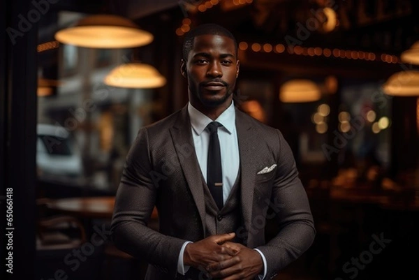 Fototapeta Athletic African American businessman on the street in a classic suit, with a good body.