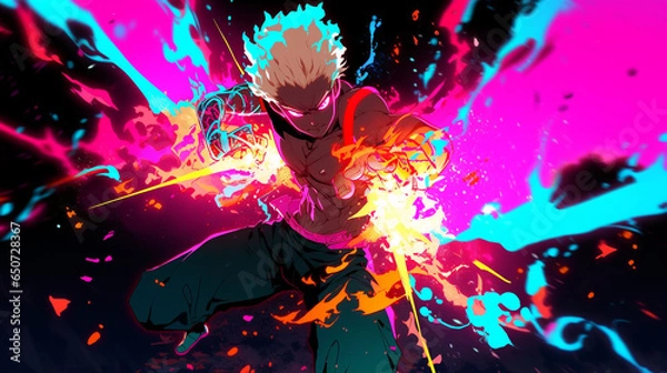 Fototapeta cool action pose anime for hero male fighter character, fire sparks, blurred background