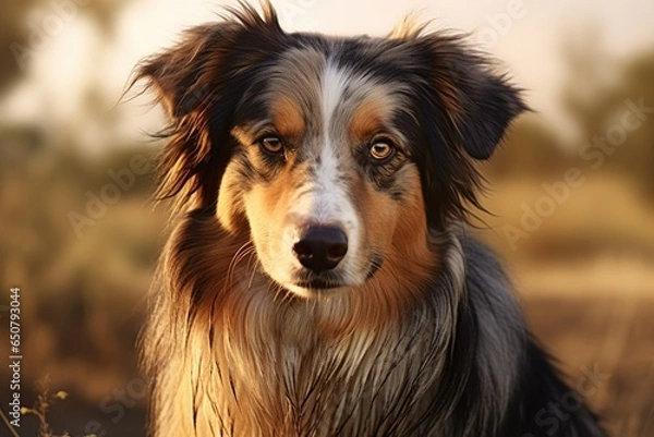 Fototapeta Portrait of an Australian Shepherd dog outside in the forest