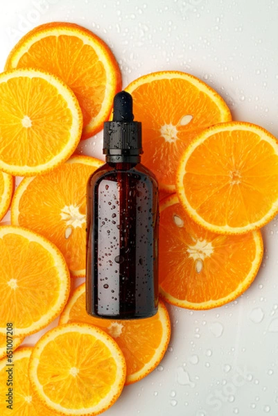 Fototapeta Glass bottle of essential citrus oil on oranges background