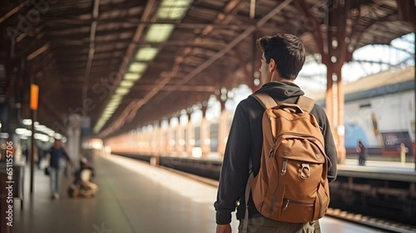 Fototapeta Morning Commute: Man with Backpack on Way to Train Station