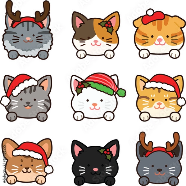 Fototapeta Outlined adorable and simple cat heads with front paws set Christmas version