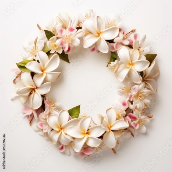 Fototapeta Vintage-themed Plumeria wreath, weaving in classic touches of lace and pearls, splendidly spotlighted isolated on white background