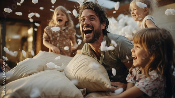 Fototapeta Parents and kids laughing during a pillow fight.