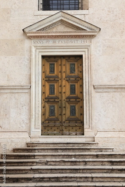 Fototapeta Santa Maria del Popolo Church Wooden Entrance with Pediment and Steps in Rome, Italy